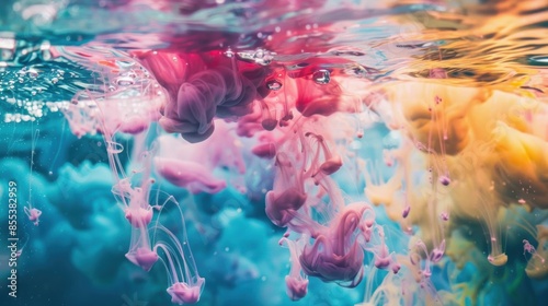 A beautiful abstract scene of pastel-colored ink diffusing underwater, creating a soft and serene visual with gentle color transitions.