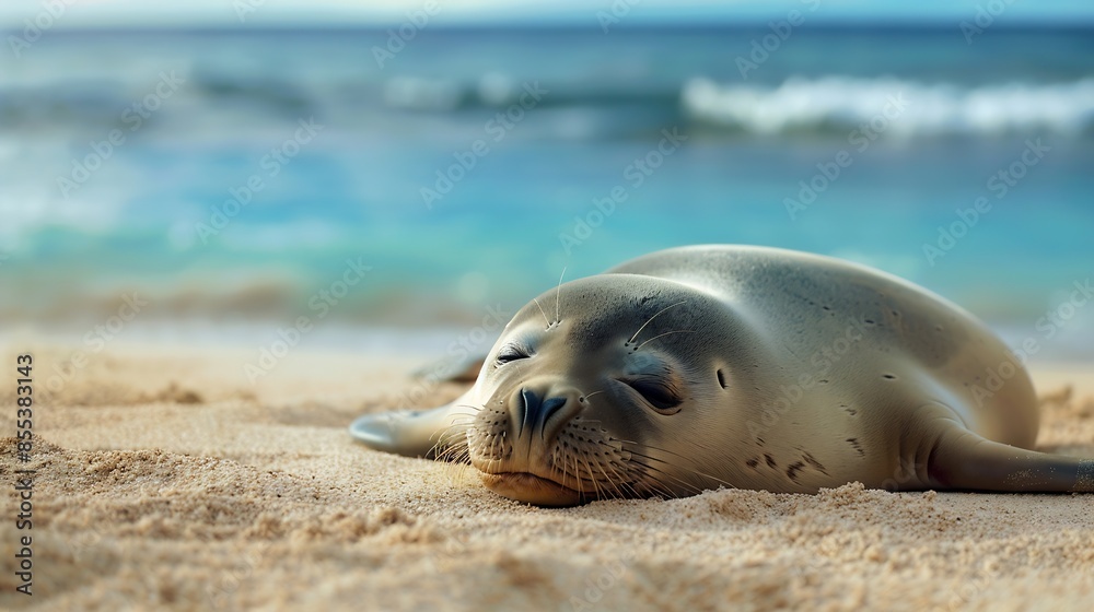 Fototapeta premium Monk seal sleeping on sandy beach near ocean : Generative AI