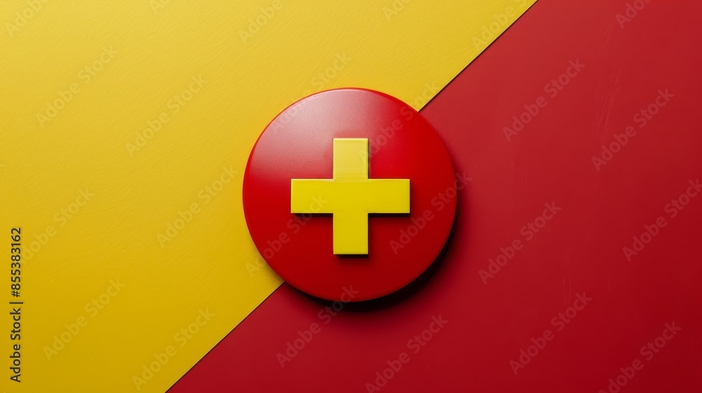 Obraz premium Red circle with yellow cross on red and yellow background, minimalistic health concept