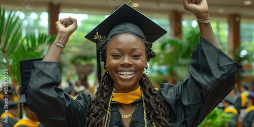 A young woman in a black graduation gown and cap celebrates her achievement with raised arms, a bright smile, and a gold honor stole at an outdoor ceremony