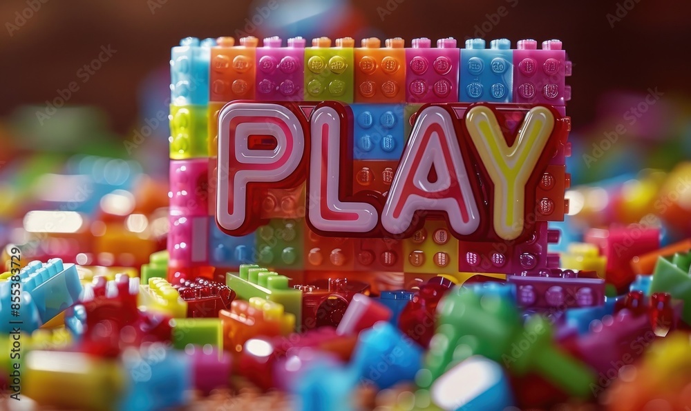 Fototapeta premium Text PLAY made of plastic construction blocks