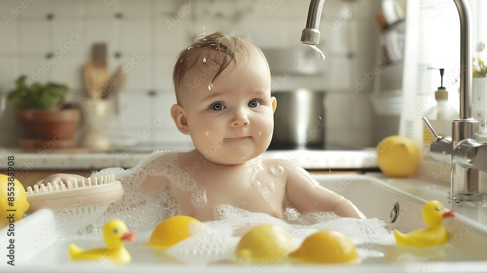 Cherubic baby enjoying a bath in a sink with lemons and rubber ducks a delightful scene of innocence and playfulness in a bright kitchen : Generative AI Cherubic baby enjoying a bath in a sink with lemons and rubber ducks a delightful scene of innocence and playfulness in a bright kitchen : Generative AI