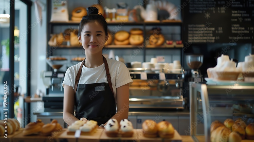 Portrait Asian woman who owns bakery cafe standing at table behind machine that meant charge customers shopkeeper wears apron at all times while working in shop minimal cafe with good : Generative AI Portrait Asian woman who owns bakery cafe standing at table behind machine that meant charge customers shopkeeper wears apron at all times while working in shop minimal cafe with good : Generative AI