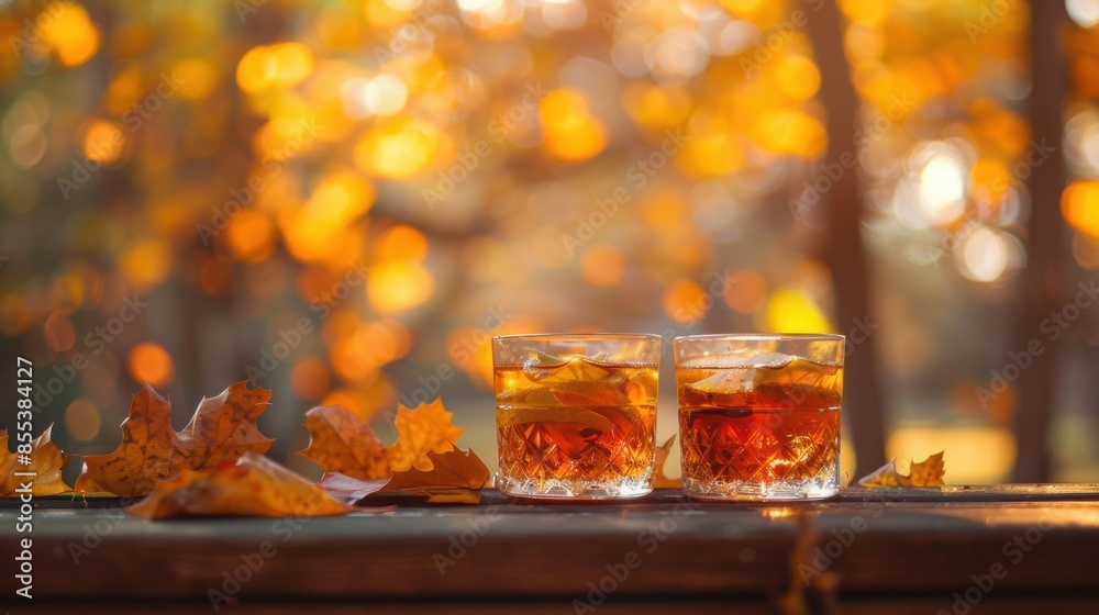 Two whiskey glasses with autumn leaves floating in the drinks, set on a wooden table in a sunlit forest during fall. Two whiskey glasses with autumn leaves floating in the drinks, set on a wooden table in a sunlit forest during fall.