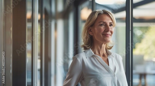 Happy mature business woman leader standing in office looking away Smiling confident older middle aged professional lady corporate leader senior female executive or entrepreneur portra : Generative AI photo