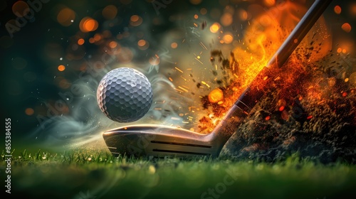 Dynamic impact: most powerful speed shot in golf, image of ball captures moment of explosive power, precision as ball rockets off face of club, showcasing exceptional power, skill of athlete.