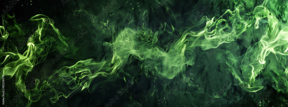 green smoke on a black background, green color tones, halloween, green ink clouds drifting in the style of mysterious dark art