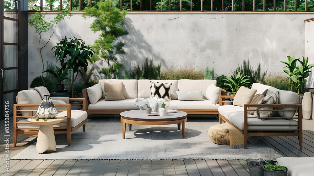 Fototapeta premium Patio Garden Urban neutral outdoor living space Exterior photo Outdoor living room with couch comfy cushions throw pillows chairs and coffee table Backyard with greenery plants : Generative AI