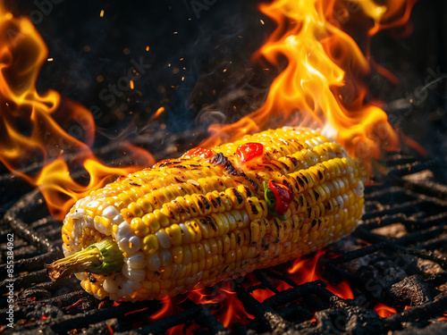 Grilled corn on the grill with peppers and onions, with fire effect photo