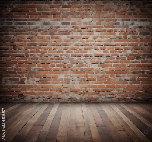 An old brick wall with a wooden floor, creating a rustic and vintage backdrop