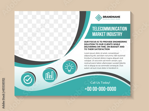 Blue light digital brochure template design with space for photo collage. Cover layout in horizontal. the headline is telecommunication market industry.