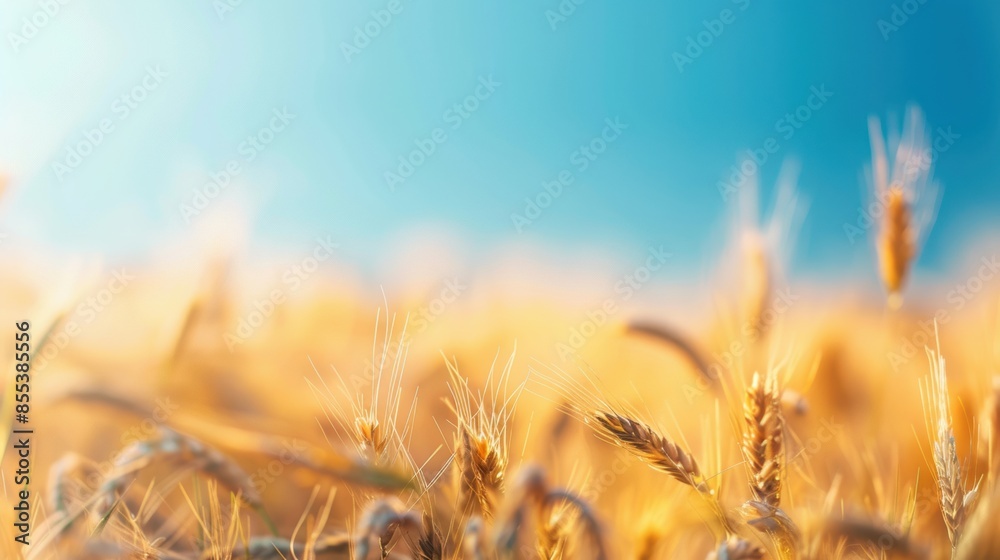 A serene golden wheat field under a clear blue sky, epitomizing agricultural abundance and the tranquility of rural landscapes. A serene golden wheat field under a clear blue sky, epitomizing agricultural abundance and the tranquility of rural landscapes.