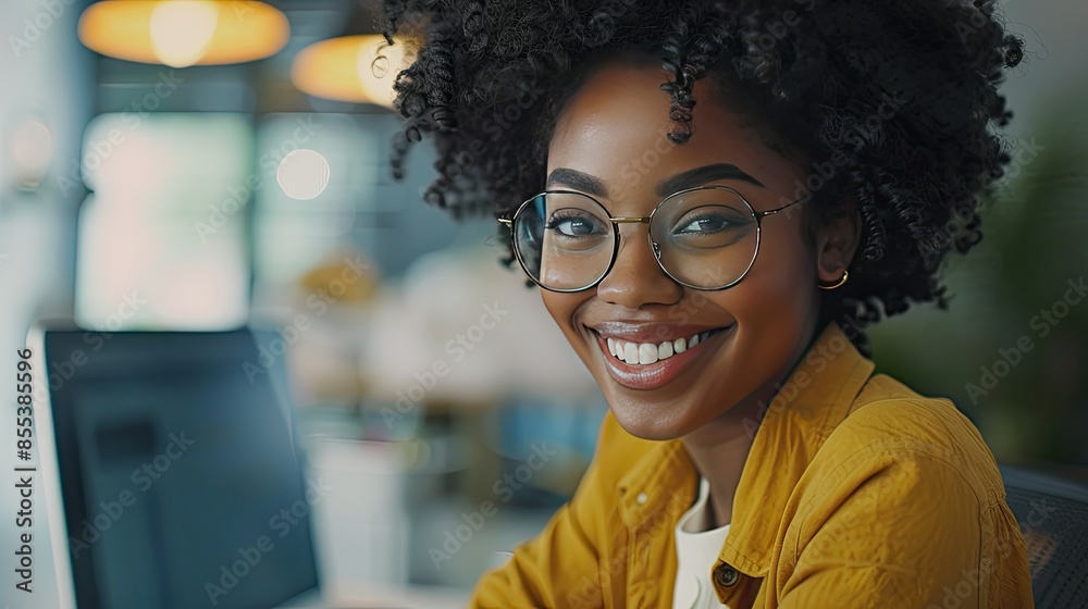 Obraz premium A woman with curly hair and glasses is smiling at the camera. She is wearing a yellow shirt and sitting in front of a computer
