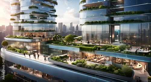 Futuristic urban smart building construction design with glass towers and solar panels
