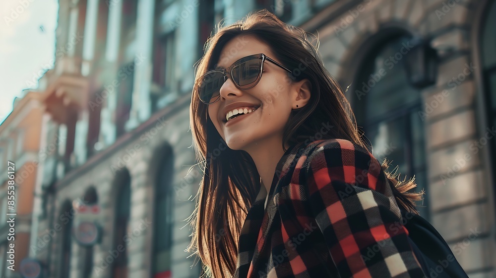 Fashion Young stylish woman walking on the city street looking down smiling joyful full body shot : Generative AI Fashion Young stylish woman walking on the city street looking down smiling joyful full body shot : Generative AI