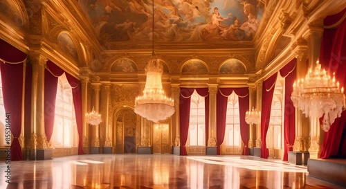 Royal palace interior with sparkling golden marble, ornate chandeliers