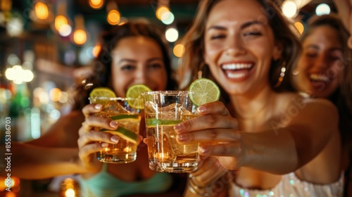 A group of lively friends enjoying a celebratory moment together clinking their glasses filled with tequila shots against the backdrop of a vibrant dimly lit bar setting