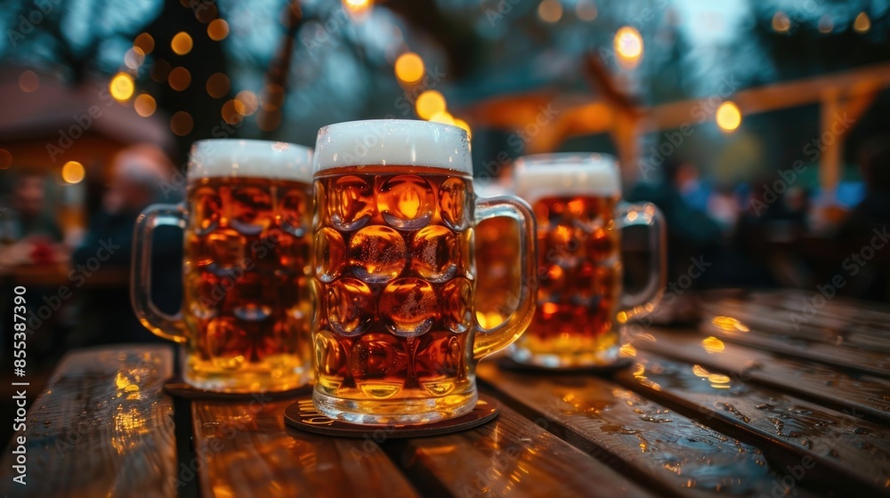 Group of Friends Enjoying Pints of Beer at an Oktoberfest with Festive Atmosphere and Wooden Tables Outdoors in the Evening Group of Friends Enjoying Pints of Beer at an Oktoberfest with Festive Atmosphere and Wooden Tables Outdoors in the Evening