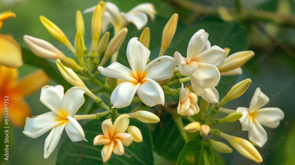 Obraz premium A group of white and yellow Wood champa Flowers : Generative AI