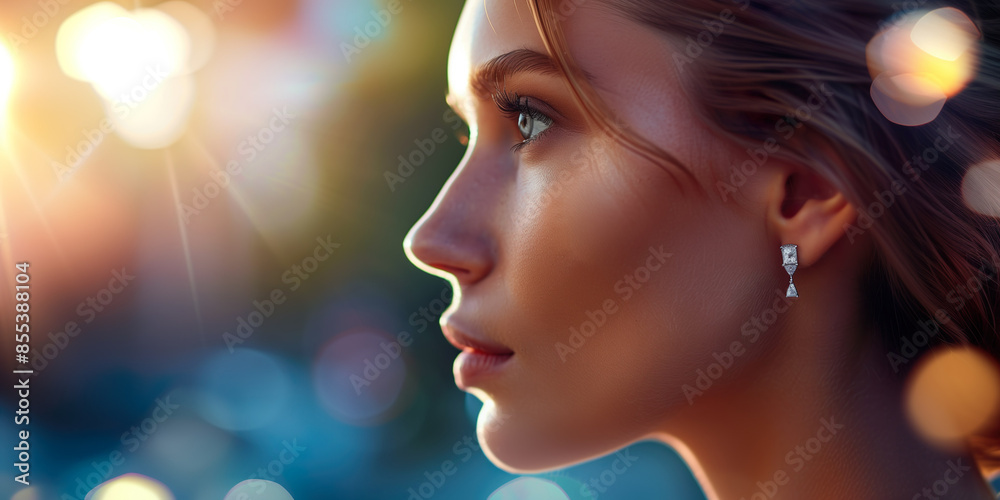 Elegant woman with a close-up of her face, wearing diamond earrings, shown in profile Elegant woman with a close-up of her face, wearing diamond earrings, shown in profile