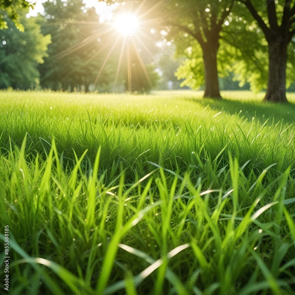 A lush green grass field with a blurred background of bright sunlight and foliage, creating a serene and peaceful atmosphere