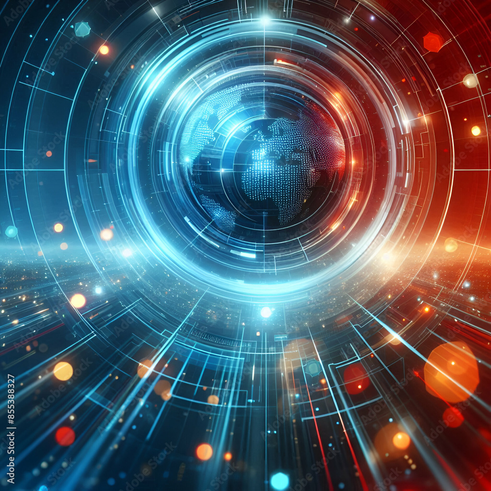Fototapeta premium Modern Abstract Futuristic Circular Blue Technology Chip Circuit Main Board Circle Background with Blue & Red with Bokeh for Modern Technological Business Integration Presentations. Alien Spaceship AI