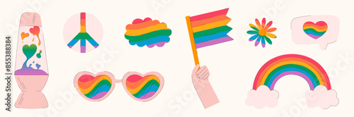 Collection of rainbow-colored pride stickers, hearts, flowers, a peace sign, a lava lamp, sunglasses, a flag. LGBTQ illustrations symbolizing love and diversity for inclusive projects.
