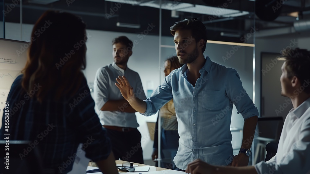 Serious young business leader man speaking to diverse team of colleagues standing at meeting table telling project plan management strategy ideas for brainstorming : Generative AI Serious young business leader man speaking to diverse team of colleagues standing at meeting table telling project plan management strategy ideas for brainstorming : Generative AI