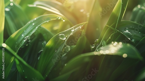 A natural texture of the leaves Closeup of a Dewdrop on a fresh juicy Lily of the valley leaf in the early morning for a design on the theme of spring ecology freshness : Generative AI