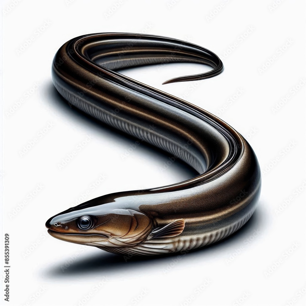 an image of a single freshwater Indonesian eel isolated on a white background, highlighting its sleek, shiny body and intricate details an image of a single freshwater Indonesian eel isolated on a white background, highlighting its sleek, shiny body and intricate details