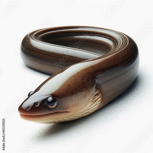 an image of a single freshwater Indonesian eel isolated on a white background, highlighting its sleek, shiny body and intricate details photo