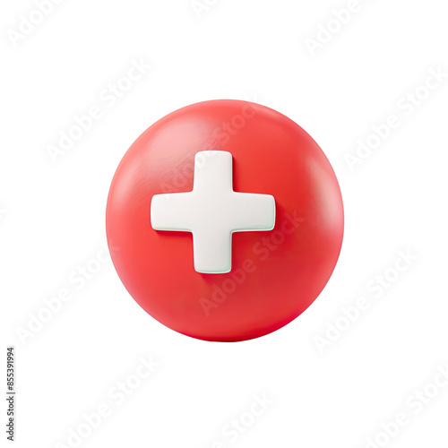 Minimalistic Cartoonish Flat Matte Red Floating Circle with White Cross | Isolated on Transparent & White Background | PNG File with Transparency