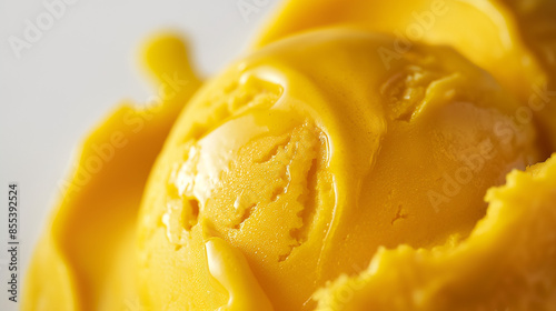 Exotic mango ice cream delight, a closeup image of exotic mango ice cream, its bright yellow color and creamy texture standing out against a white background