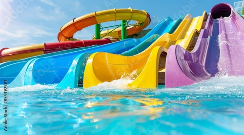 A water park with a rainbow colored slide, aquapark