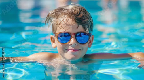A young boy is in a pool wearing sunglasses and smiling, aquapark or water park © top images