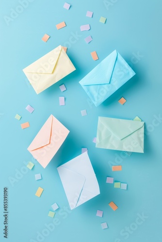 Colorful paper envelopes floating magically on a captivating and vibrant blue background photo