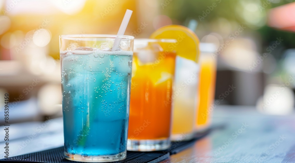A row of four drinks on a table, including a blue drink with a straw in it. Tropical summer concept A row of four drinks on a table, including a blue drink with a straw in it. Tropical summer concept