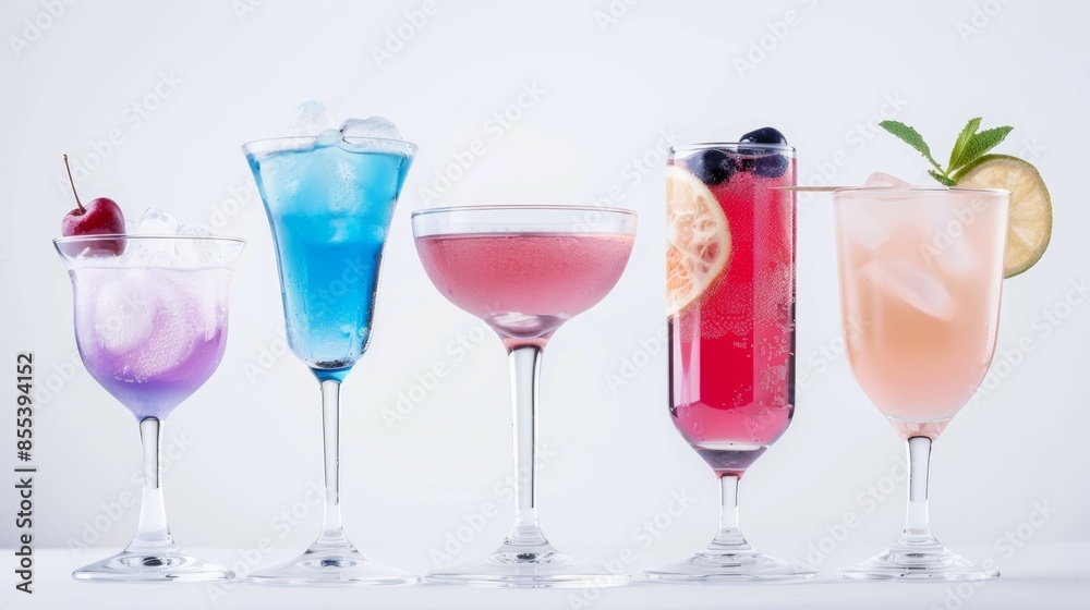 A row of five different colored cocktails in tall glasses. Tropical summer concept A row of five different colored cocktails in tall glasses. Tropical summer concept