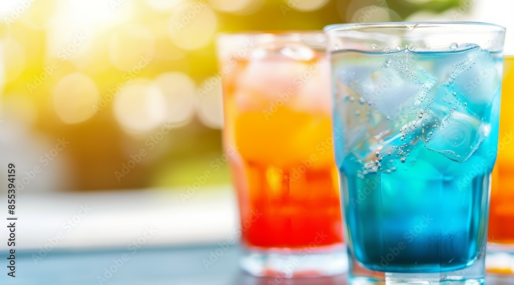 Three glasses of different colored drinks, one of which is blue. Tropical summer concept Three glasses of different colored drinks, one of which is blue. Tropical summer concept
