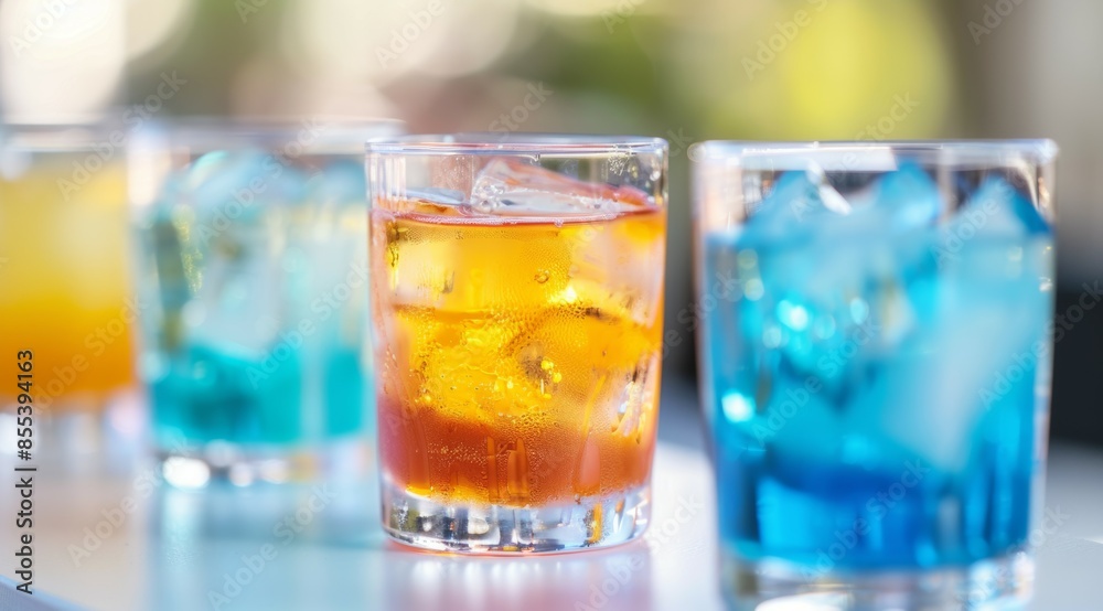Four glasses of different colored drinks with ice cubes in them. Tropical summer concept Four glasses of different colored drinks with ice cubes in them. Tropical summer concept