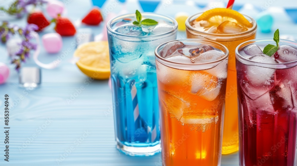 Four colorful drinks in tall glasses with ice cubes. Tropical summer concept Four colorful drinks in tall glasses with ice cubes. Tropical summer concept