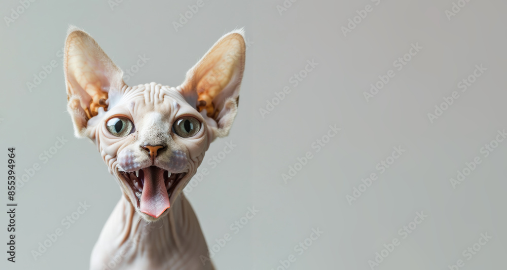 Fototapeta premium an exceptionally hairless Sphynx cat with oversized eyes and tongue protruding displays its pale white skin against a backdrop of studio lighting and a white background.