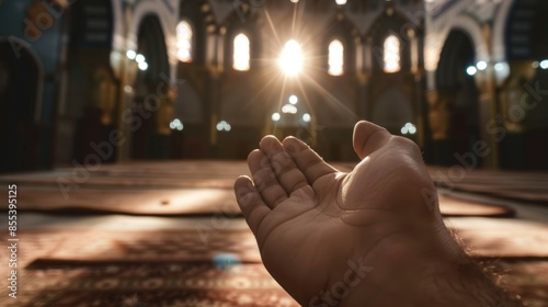 A hand is raised in prayer in a mosque, prayer concept photo