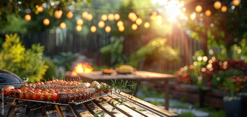 Barbecue with friends and family copy space, cookout theme, realistic, composite, backyard patio