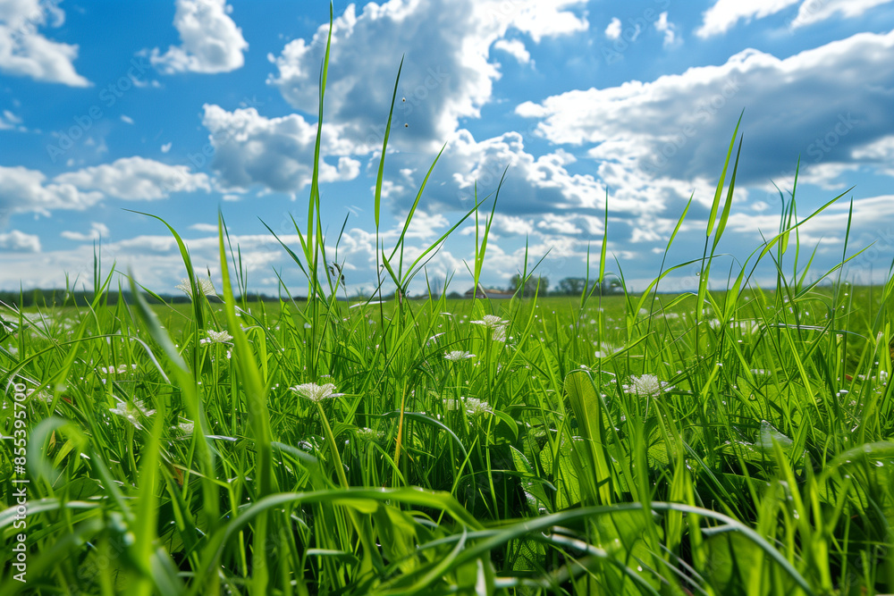 Obraz premium A lush green grass meadow outdoors, under the open sky.