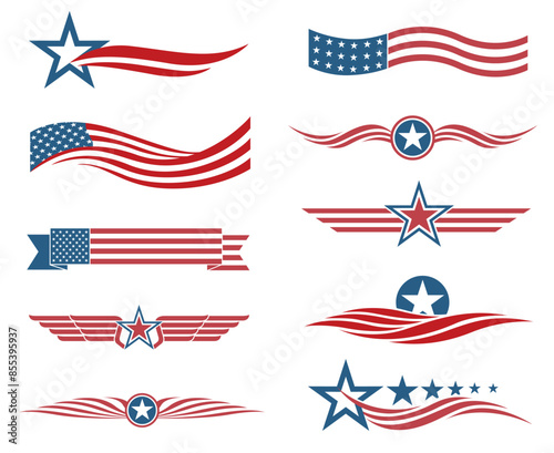 collection of USA star flag labels isolated on white background
