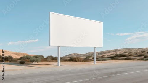 A large white billboard is on a road in a desert, mockup advertising space