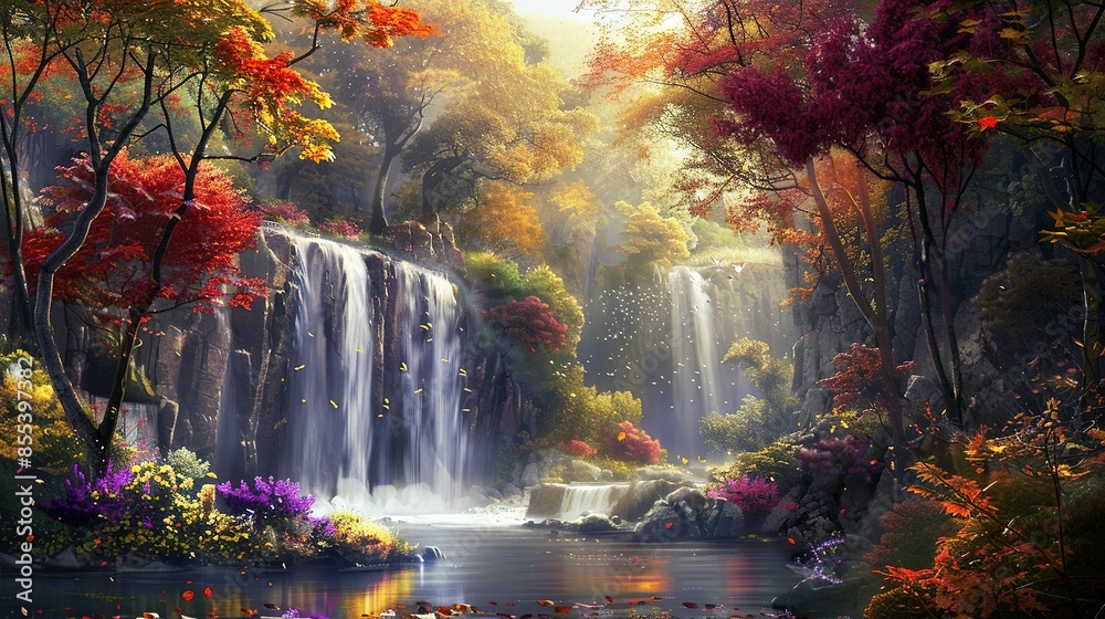 Enchanting Landscape: Fantasy Waterfall with Autumn Trees and Flowers Enchanting Landscape: Fantasy Waterfall with Autumn Trees and Flowers