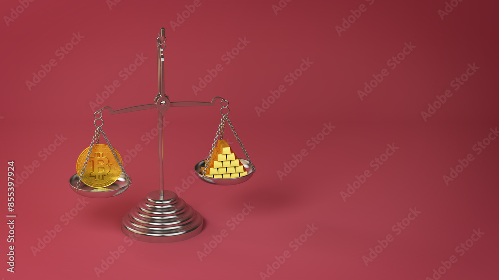 Obraz premium Bitcoin and gold bars on scale at equal weight 3D illustration render. Investment concept 