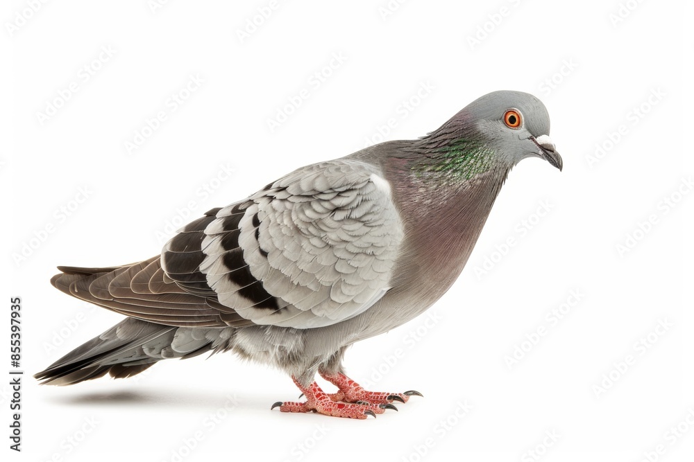 Portrait of a pigeon with grey feathers on a white background, standing in profile. Portrait of a pigeon with grey feathers on a white background, standing in profile.